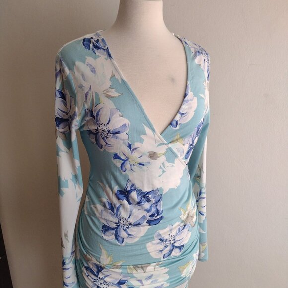 Yumi Kim Floral Maternity 5th Ave Dress L Wanderlust Jade Sky Blue Ruched Midi - Picture 4 of 11